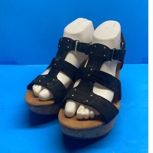 Clarks Collection Sandal Womens 8.5 M Black Suede Cork Wedge Platform Shoes